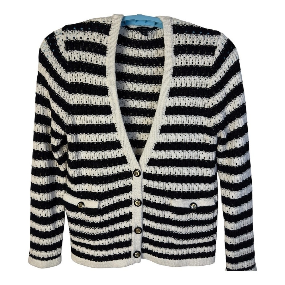 Halogen Cardigan Women Black White Stripe V-Neck Gold Button Knit Fall Chic M
